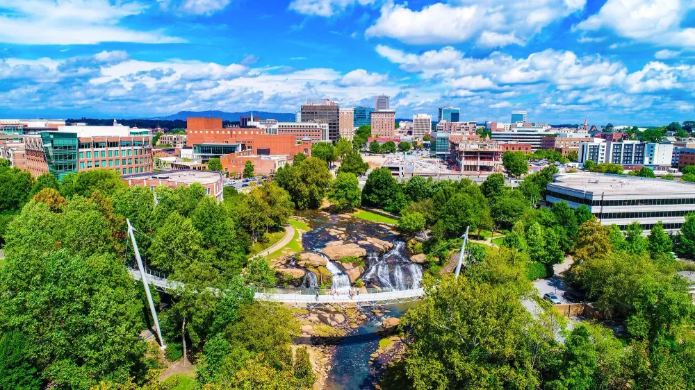 Falls Park and Liberty Bridge Panorama in Greenville, South Caro